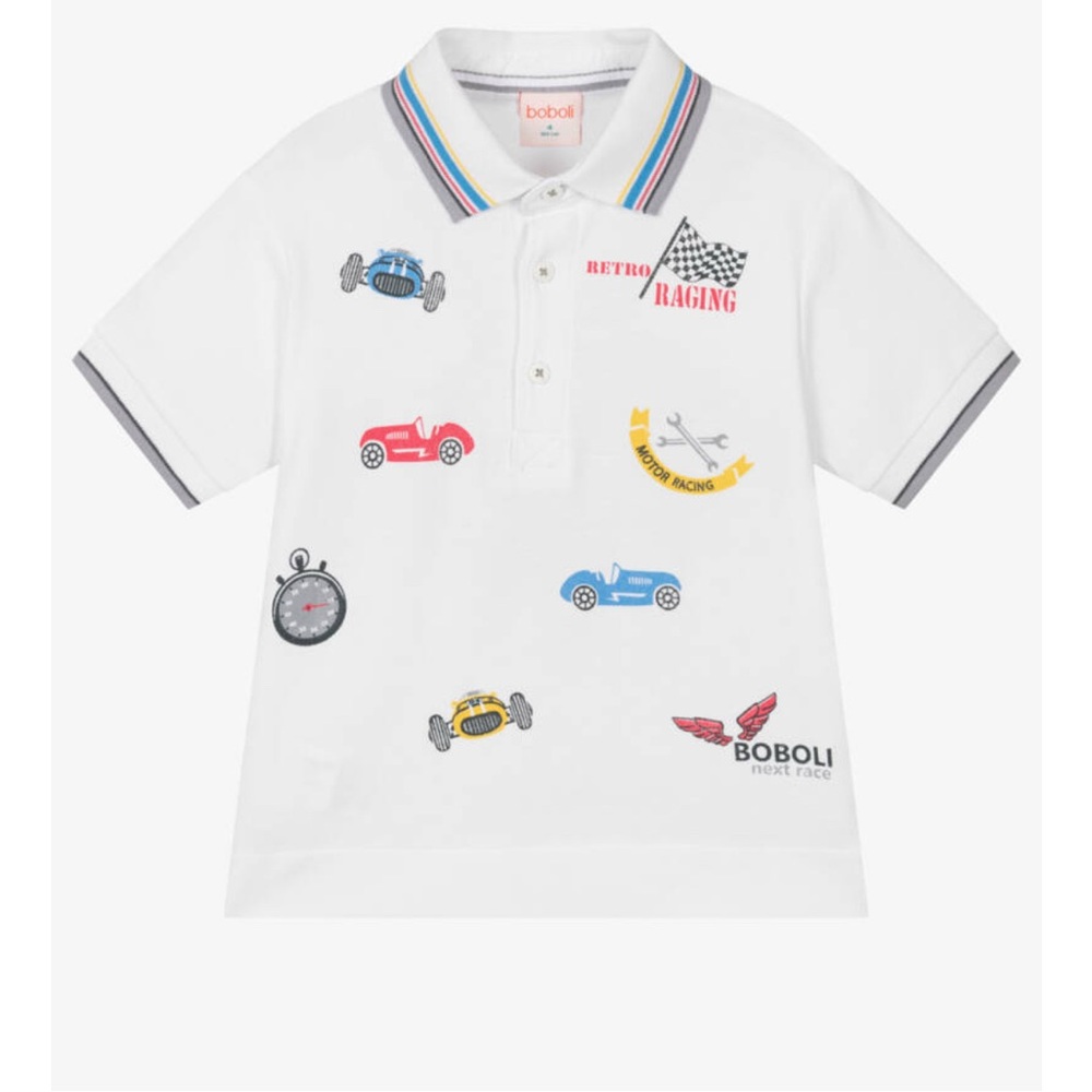 Boboli White Polo Shirt with Racing Car Design